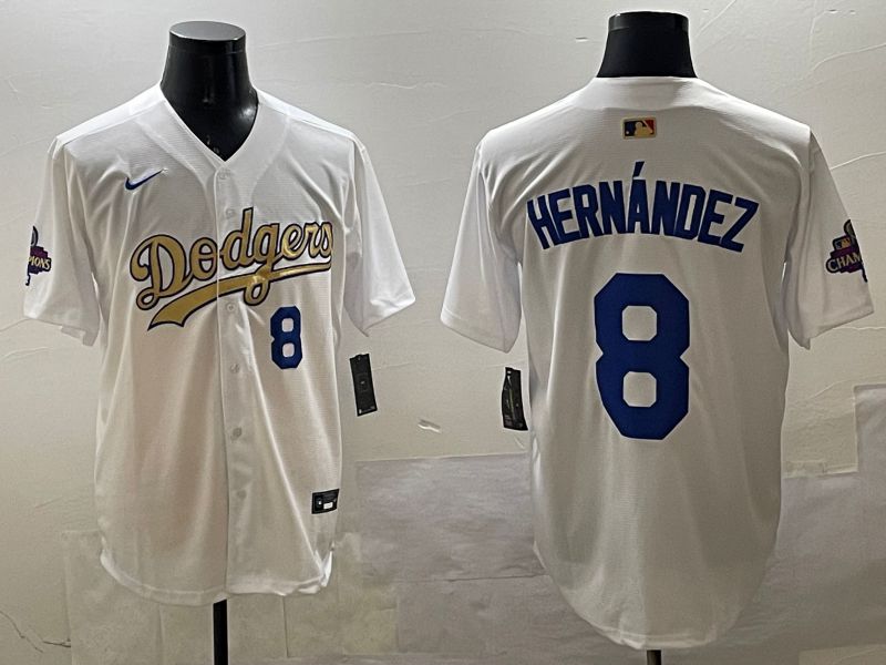 Men Los Angeles Dodgers #8 Hernandez White Champion gold character 2025 Nike MLB Jersey style 3318->los angeles dodgers->MLB Jersey